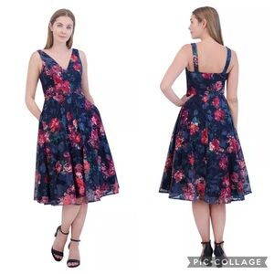 Eliza J Floral Embroidered Fit And Flare Midi Dress Navy Multi 12